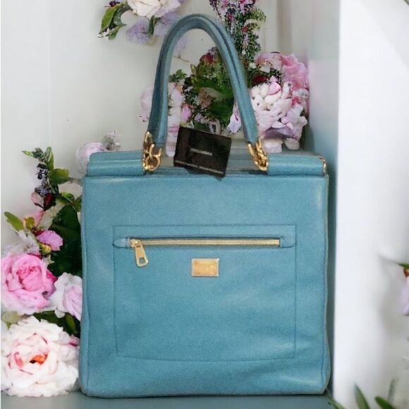 DOLCE & GABBANA BLUE LEATHER SHOULDER SATCHEL TOTE BAG - Picture 9 of 16
